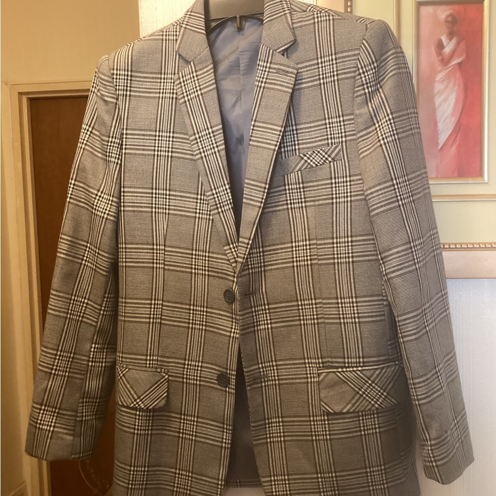 BACACCIO BIG BOYS BLACK WHITE & BROWN-PLAID SUIT JACKET. Size 18. Excellent cond